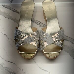 Jimmy Choo Gold and Silver Snakeskin Mules